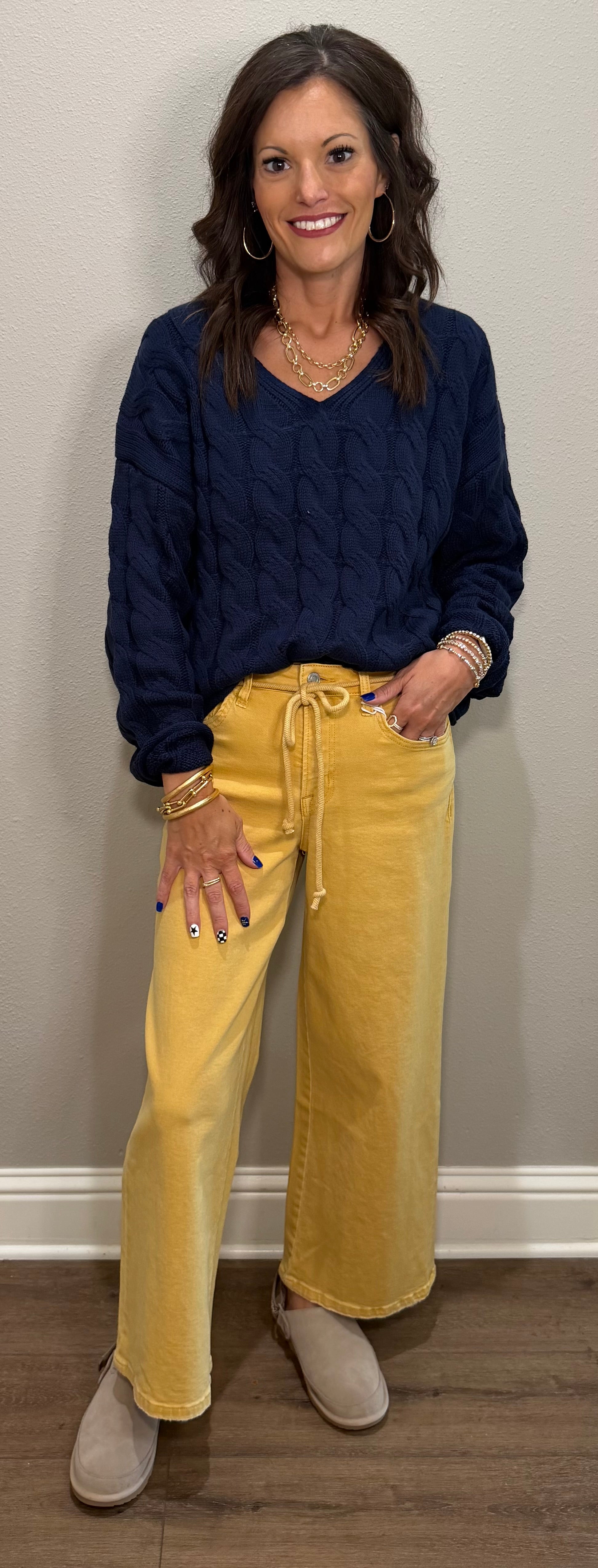 Navy Cable Knit V-Neck Lightweight Sweater