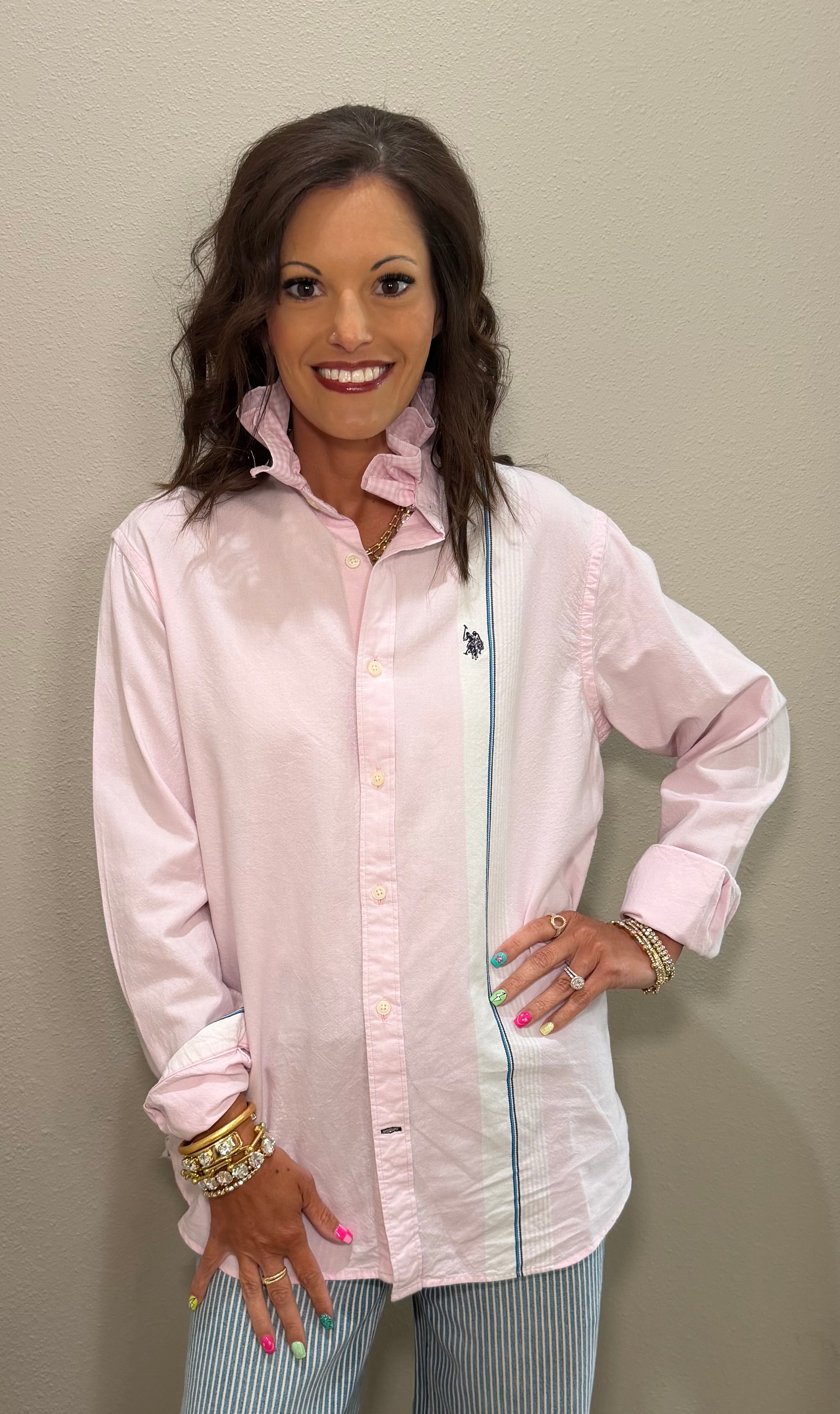Pink Polo w/ Stripe Detail & Ruffle Collar Button Down Top