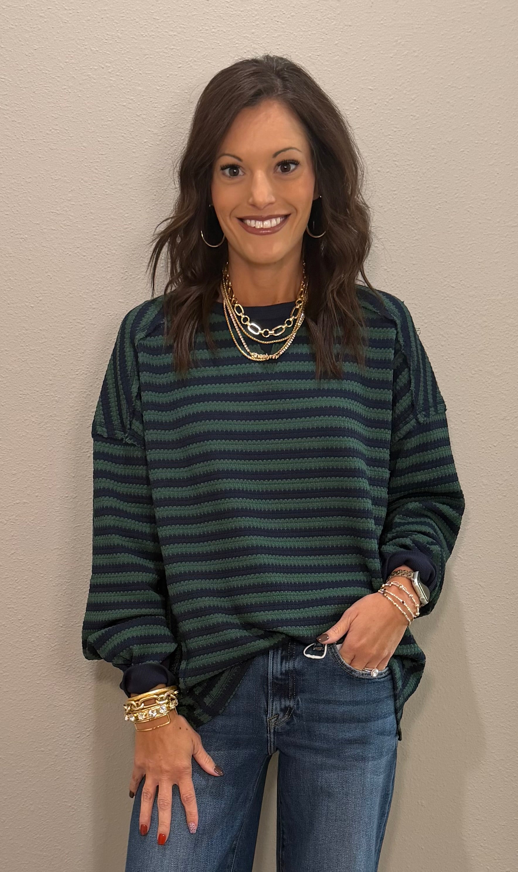 Navy & Green Striped Oversize Waffle Knit Top