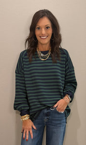 Navy & Green Striped Oversize Waffle Knit Top