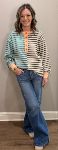 Jade/Oatmeal Color Trimmed Stripe Top