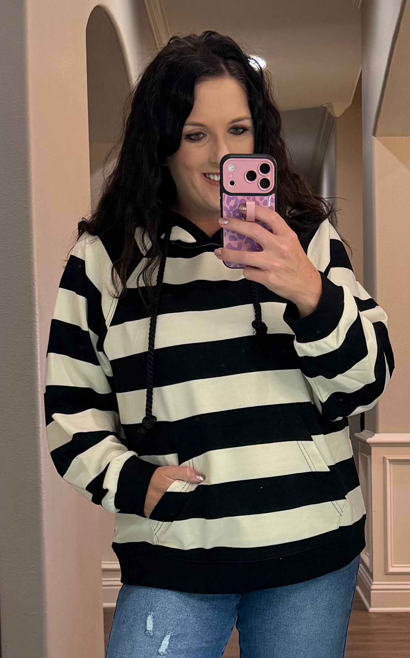 Black & Cream Stripe Hooded Pullover