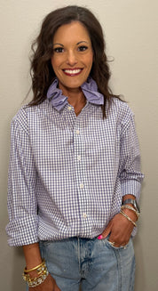 Purple Plaid Ruffle Collar Button Down