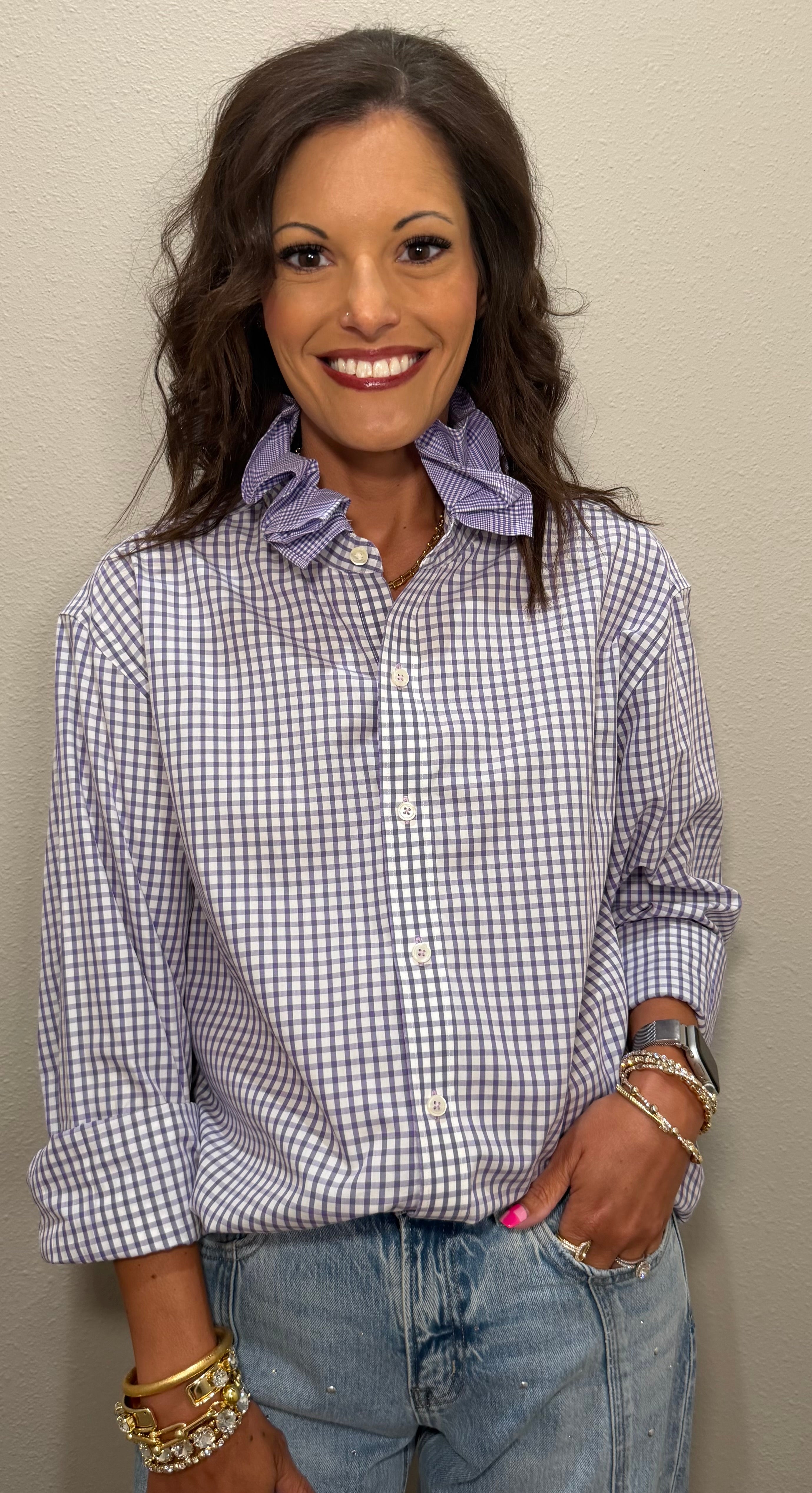 Purple Plaid Ruffle Collar Button Down