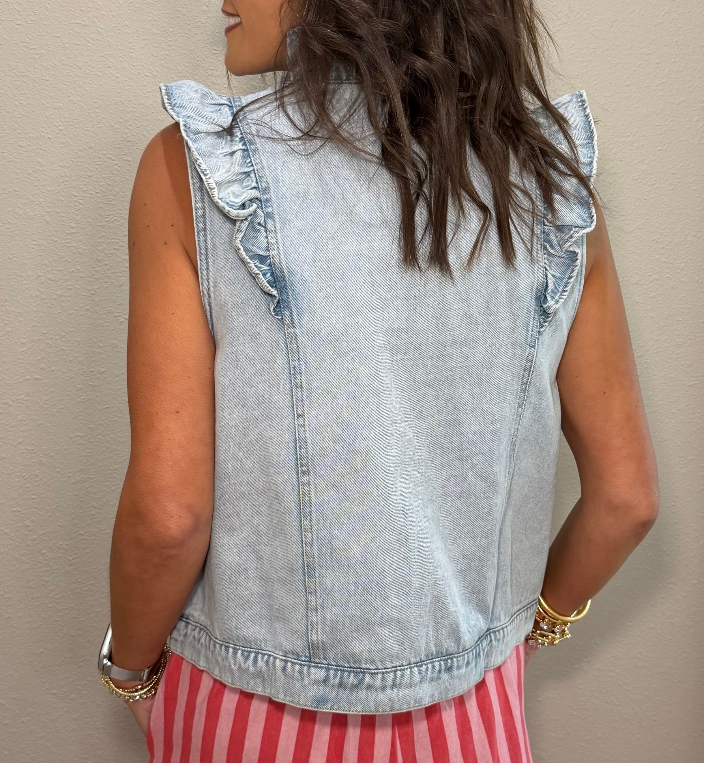 Vintage Washed Ruffle Detail Denim Vest