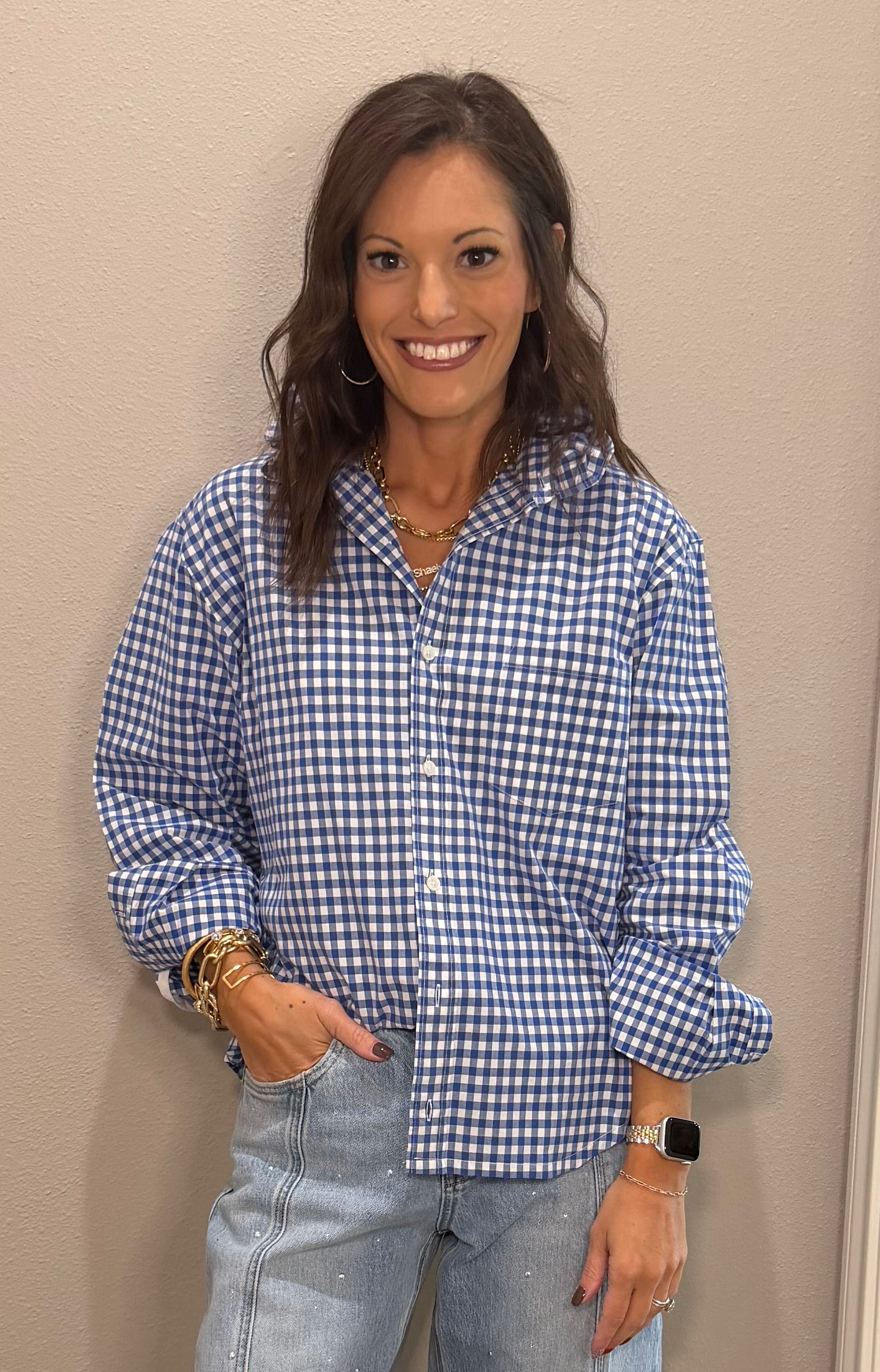 Blue/White Bigger Plaid Ruffle Collar Button Down Top