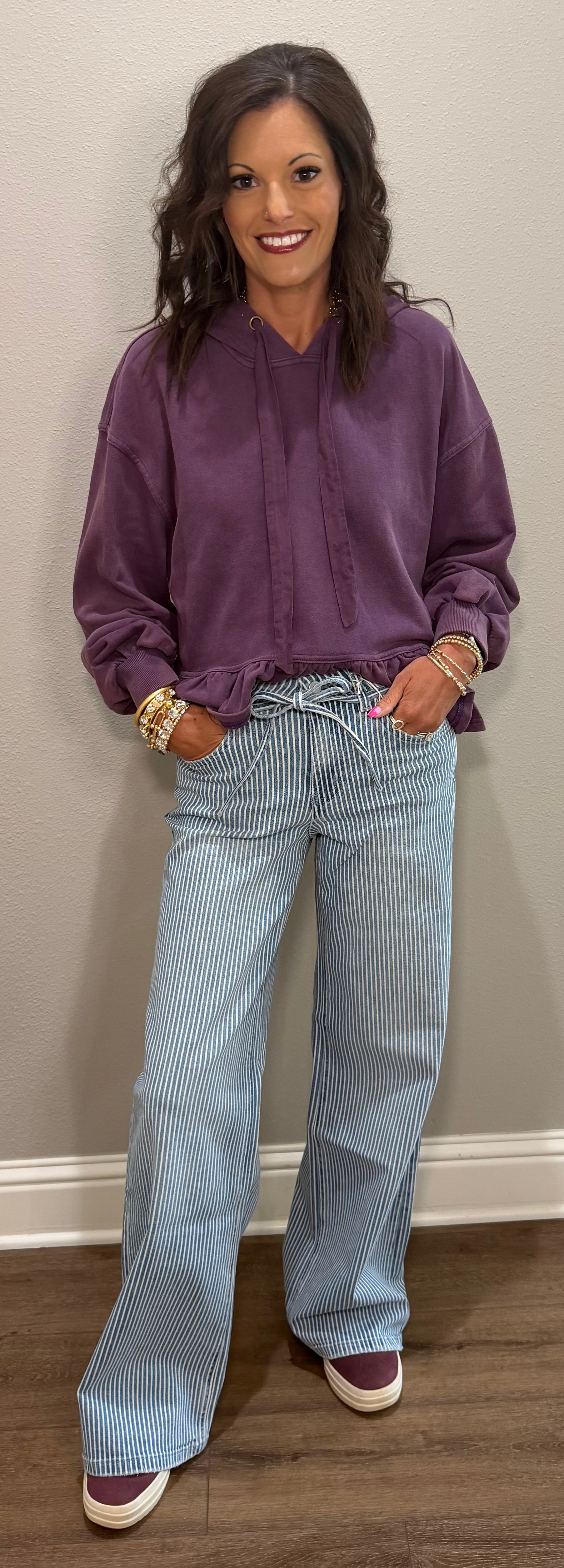Grape Mineral Washed Ruffle Hem Hoodie