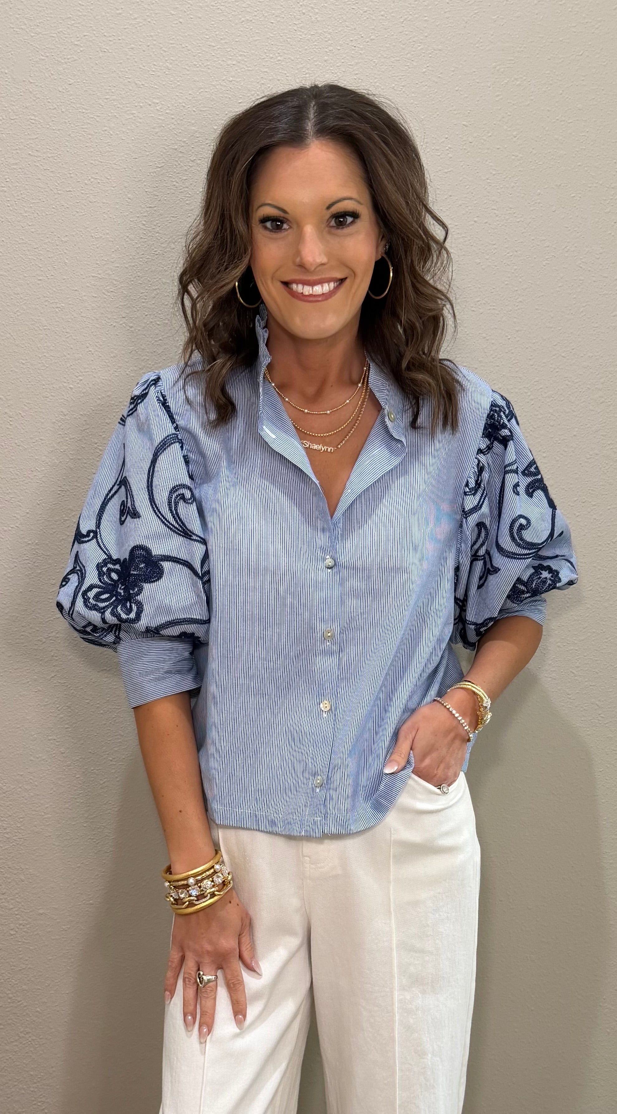 Navy Stripe Button Down Top w/ Embroidered Puff Sleeve Details