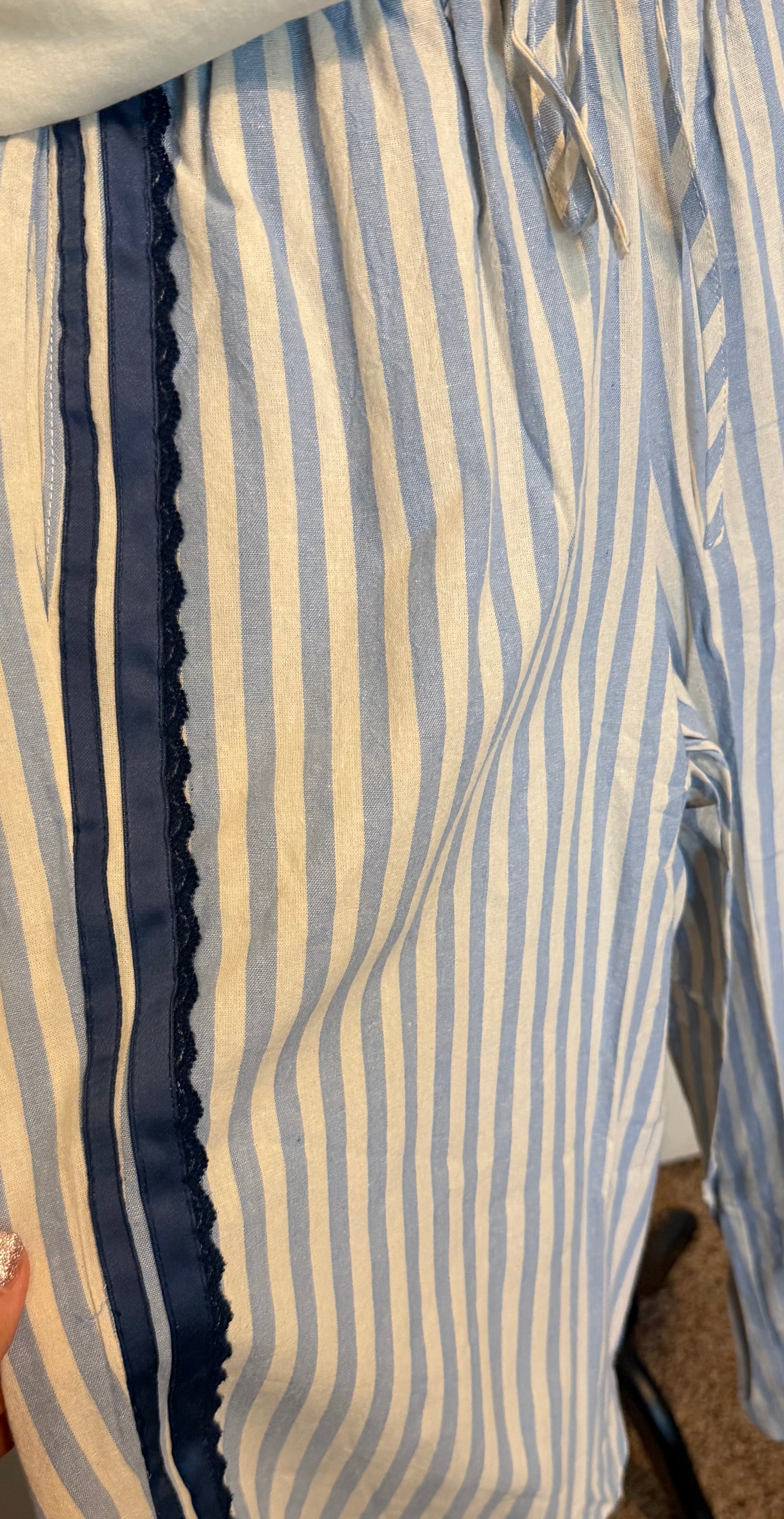 Light Blue/Navy Striped Elastic Waist Pant w/ Lace Trim Details