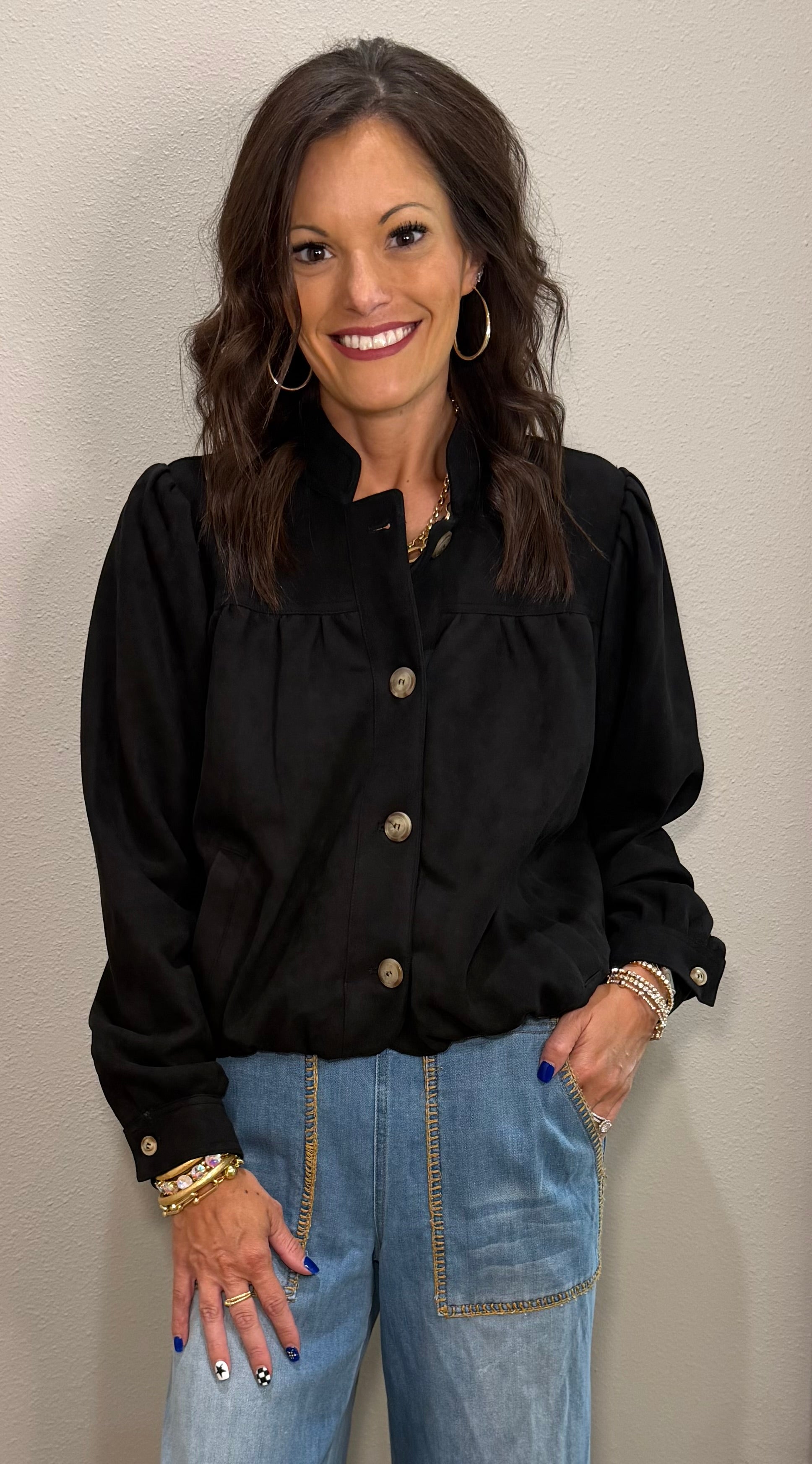 Black Suede Blouson Bottom Button Up Jacket