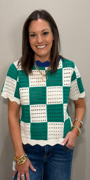 Green/White/Blue Checkered Crochet Top w/ Scallop Bottom Detailing