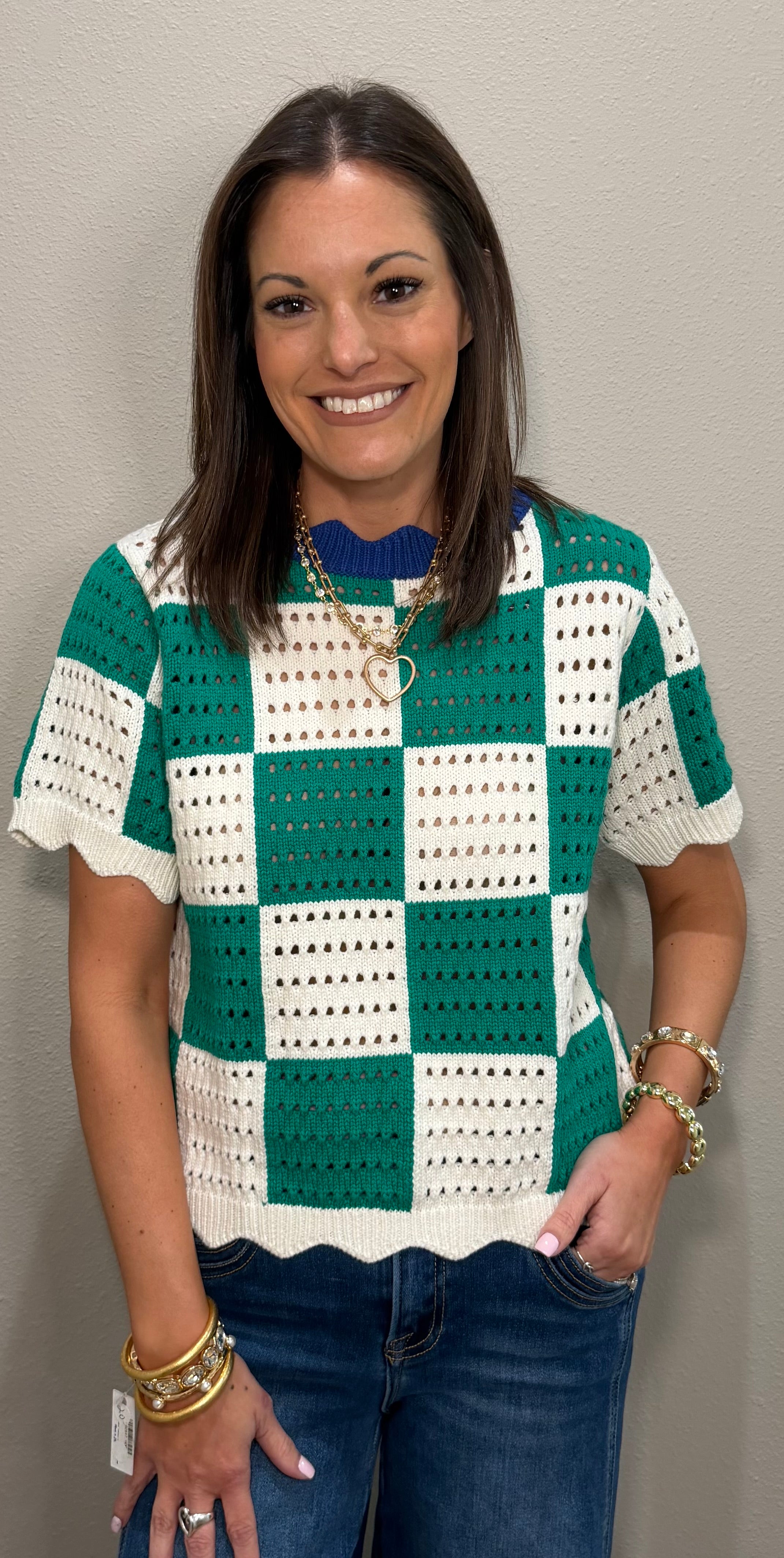 Green/White/Blue Checkered Crochet Top w/ Scallop Bottom Detailing