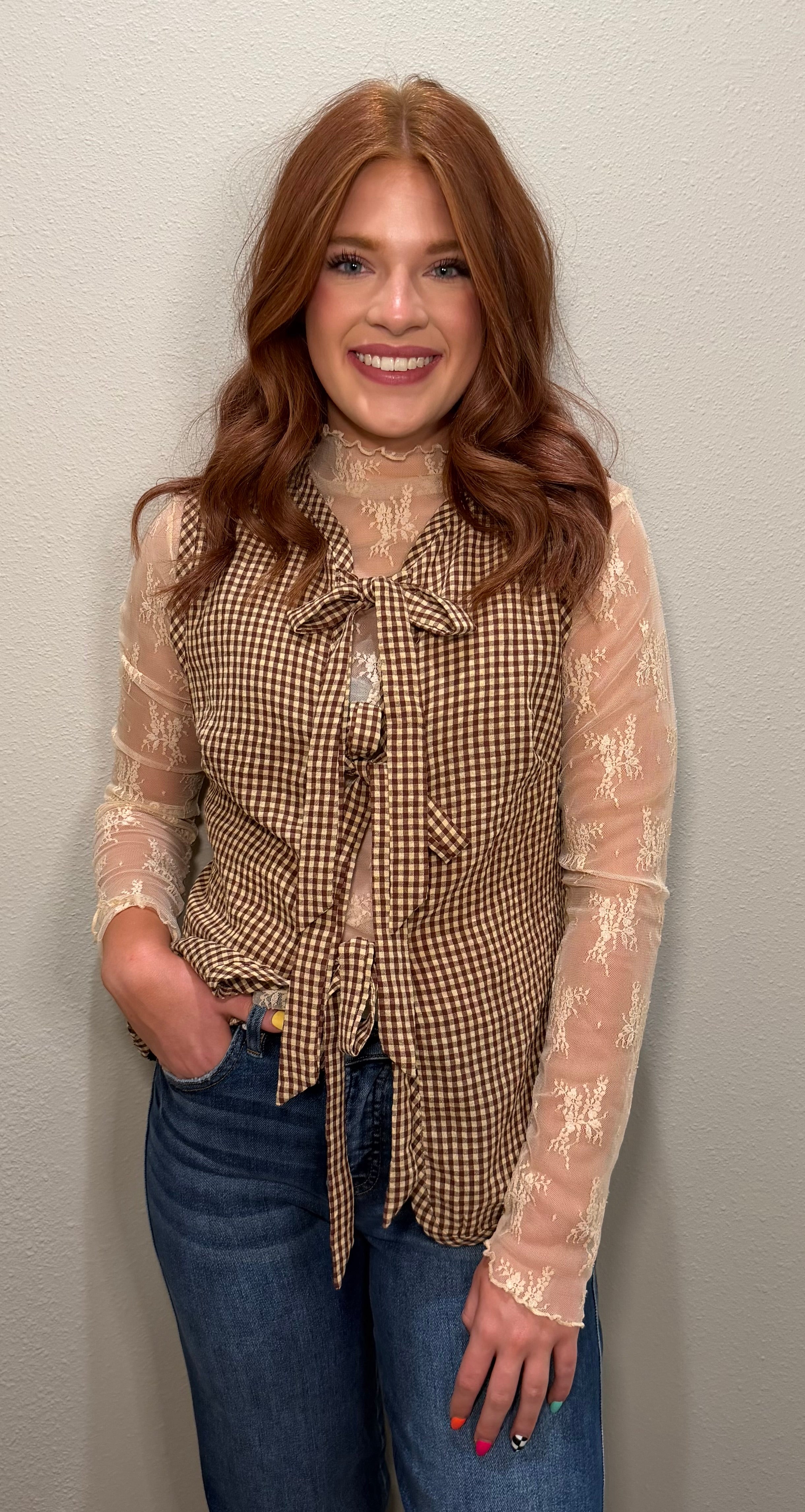 Brown Gingham Tie Vest Top
