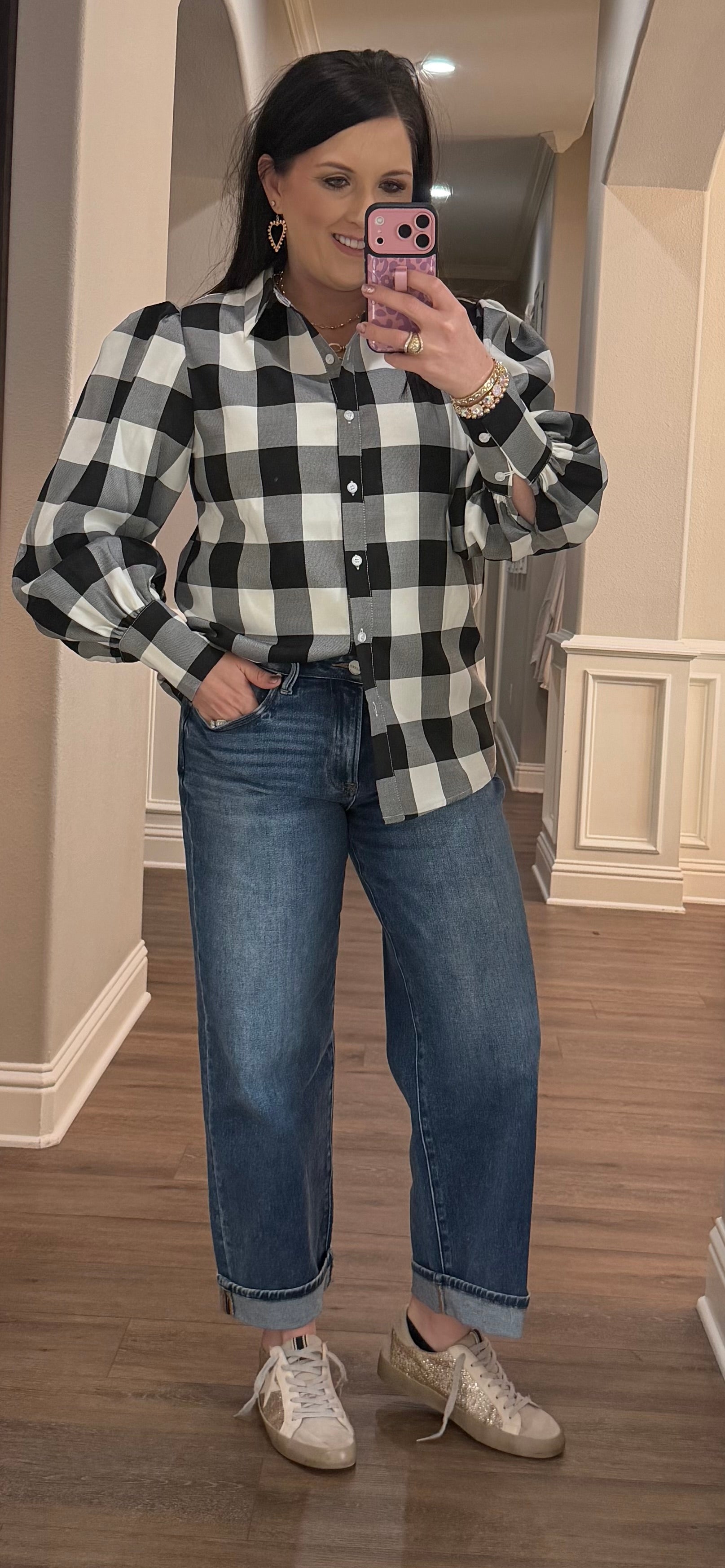 Black & White Gingham Check Button Down Top w/ Puff Shoulders