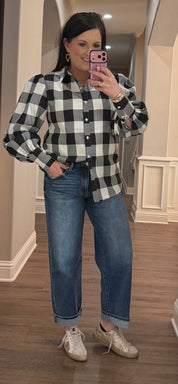 Black & White Gingham Check Button Down Top w/ Puff Shoulders