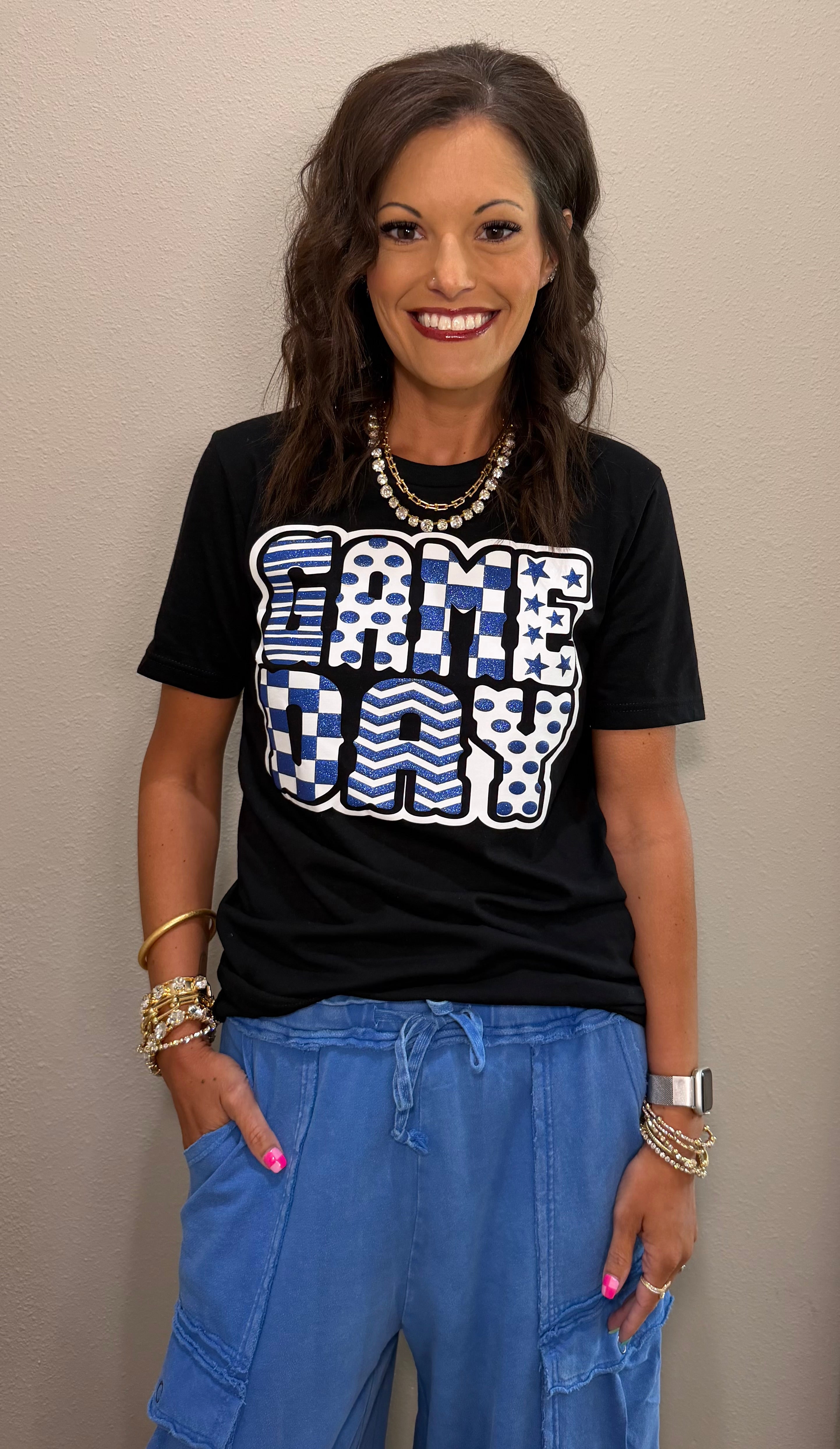 Blue Funky Glittered Game Day T-Shirt