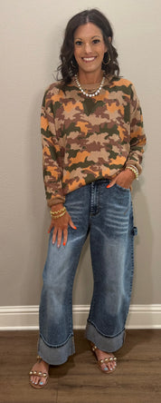 Mocha Camo Long Sleeve Lightweight Knit Top