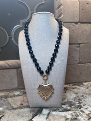 Black Beaded Necklace w/ Beaded Heart Charm - 2 Sided (Magnetic Closure)