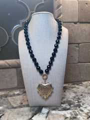 Black Beaded Necklace w/ Beaded Heart Charm - 2 Sided (Magnetic Closure)