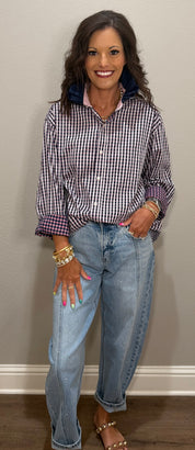 Pink/Navy Plaid w/ Navy Eyelet Ruffle Collar