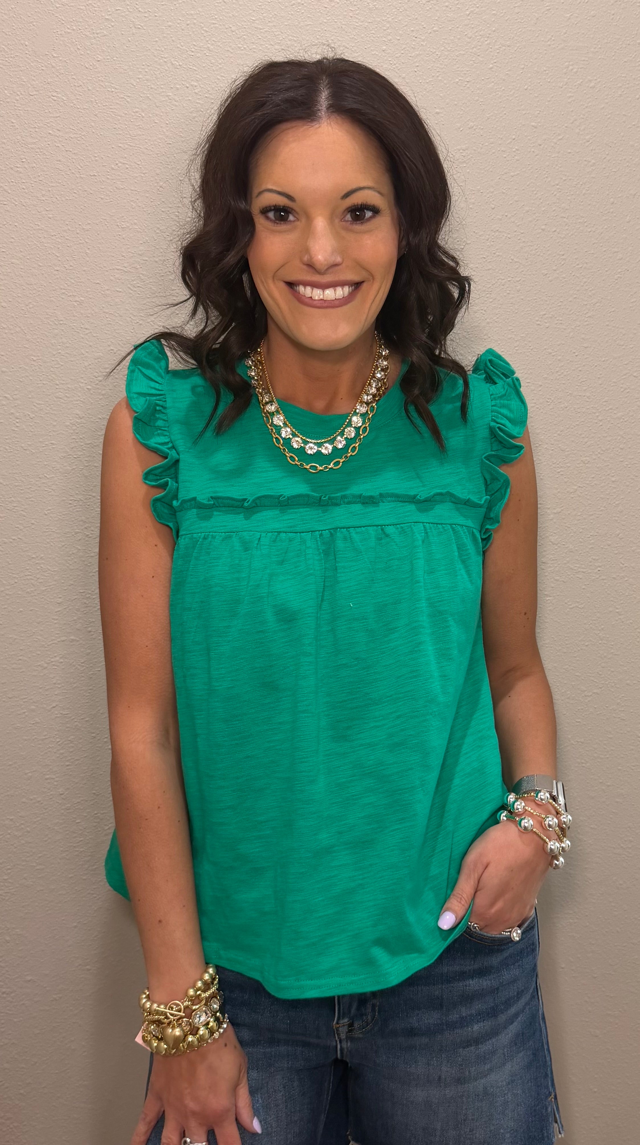 Ruffle Detail Solid Knit Tank Top - GREEN & LAVENDER