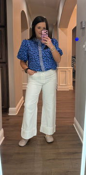 Blue Leopard Button Down w/ Gingham Ruffle Details & Puff Sleeves