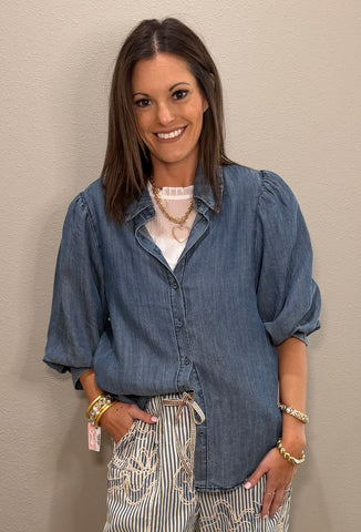 Washed Denim 3/4 Bubble Sleeve Button Down Top