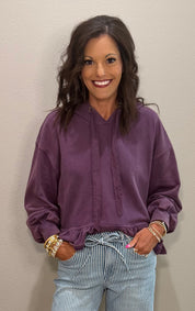 Grape Mineral Washed Ruffle Hem Hoodie