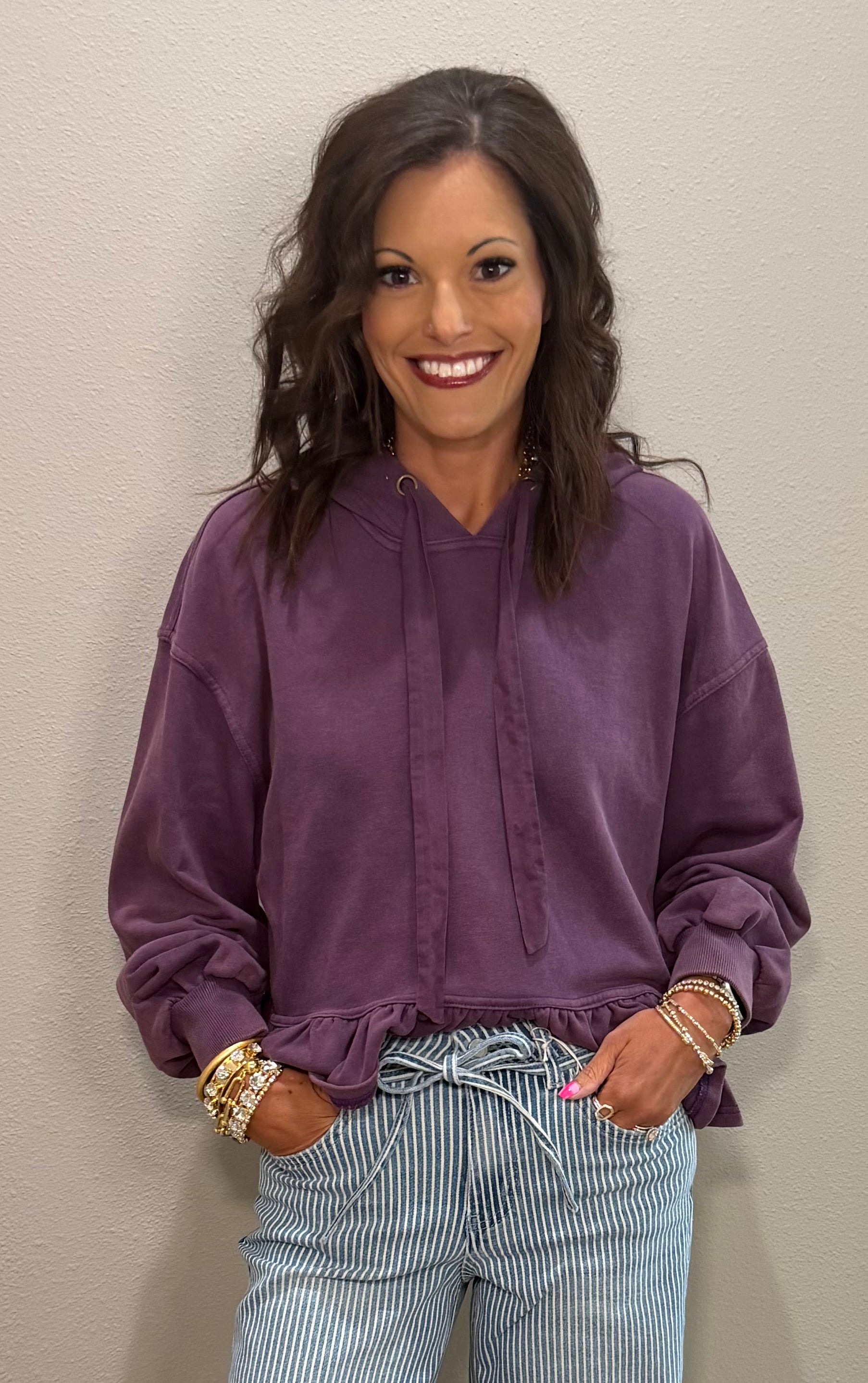 Grape Mineral Washed Ruffle Hem Hoodie