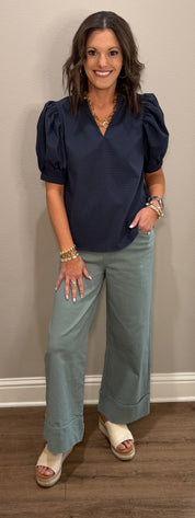 Navy Ruffle V-Neck Top w/ Puff Sleeves