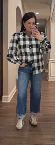 Black & White Gingham Check Button Down Top w/ Puff Shoulders