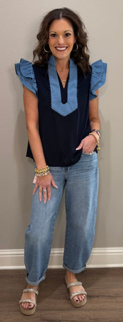 Navy/Denim Contrast Ruffle Sleeve Top