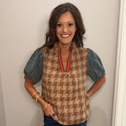 Brown Stripe Denim Sleeve Houndstooth Tweed Top