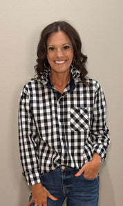 Black & White Checkered Ruffle Collar POLO Button Down Top