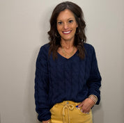 Navy Cable Knit V-Neck Lightweight Sweater