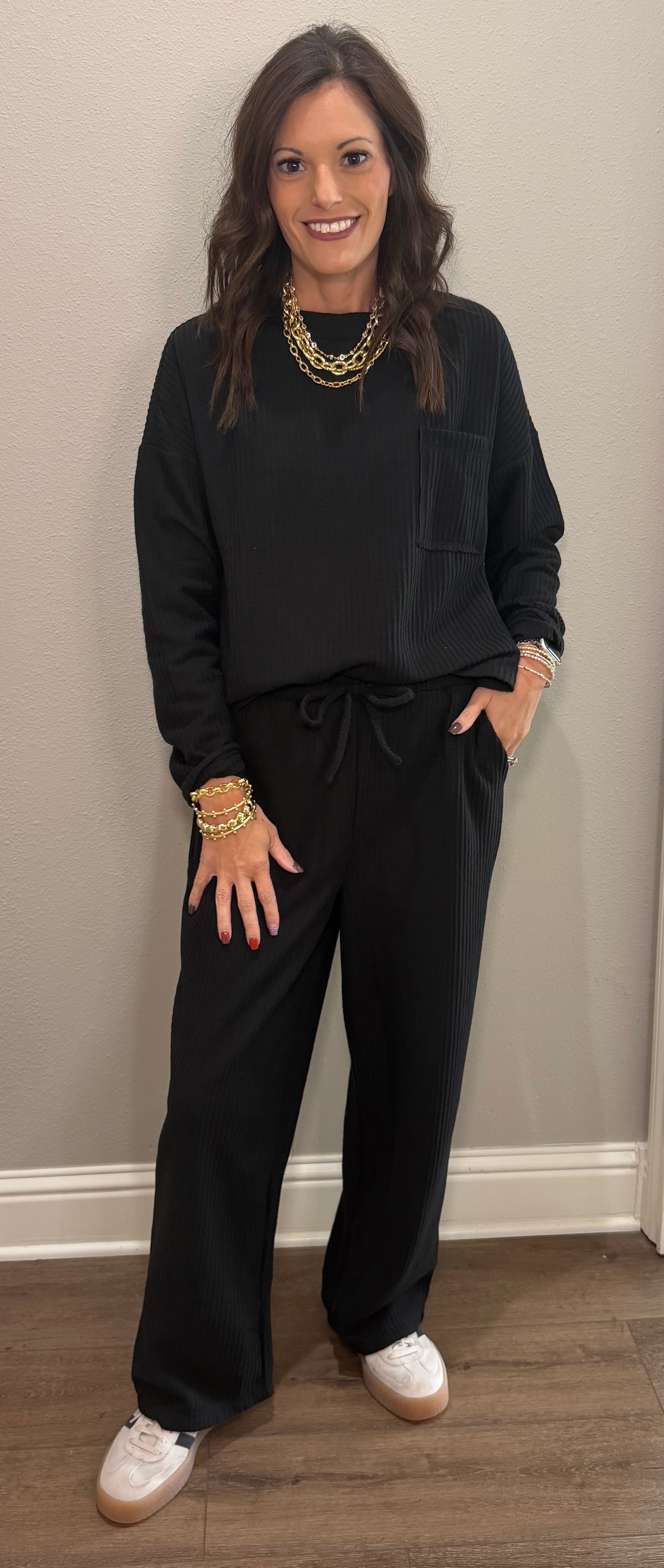 Black Cozy Waffle Long Sleeve Lounge Set