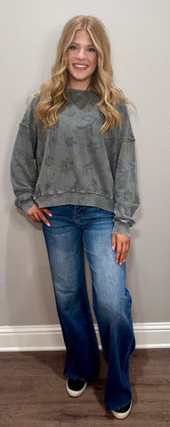 Ash Grey Floral Printed Washed Terry Top