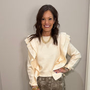 Cream Knit Lightweight Sweater Top w/ Ruffle Detailing