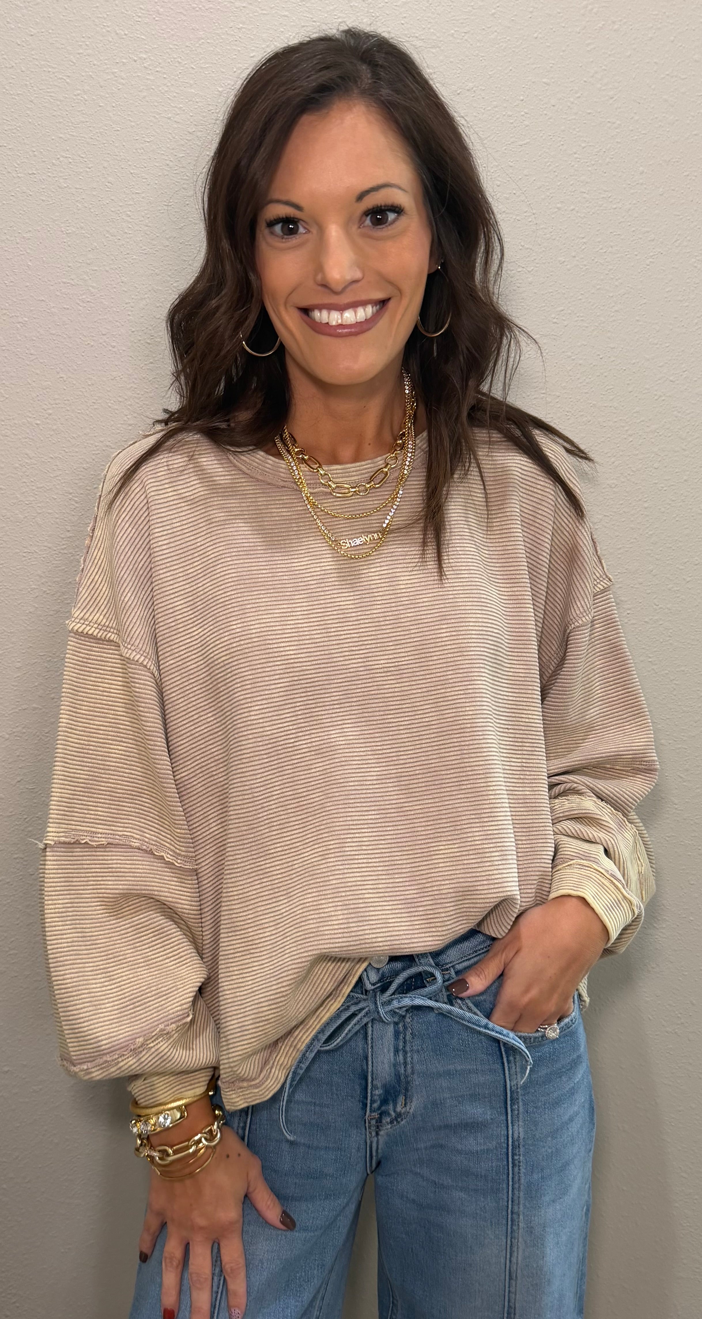 Ash Mocha Ribbed Acid Wash Oversized Crop Pullover
