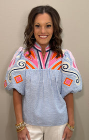 THML Blue Striped Embroidered Puff Sleeve Top
