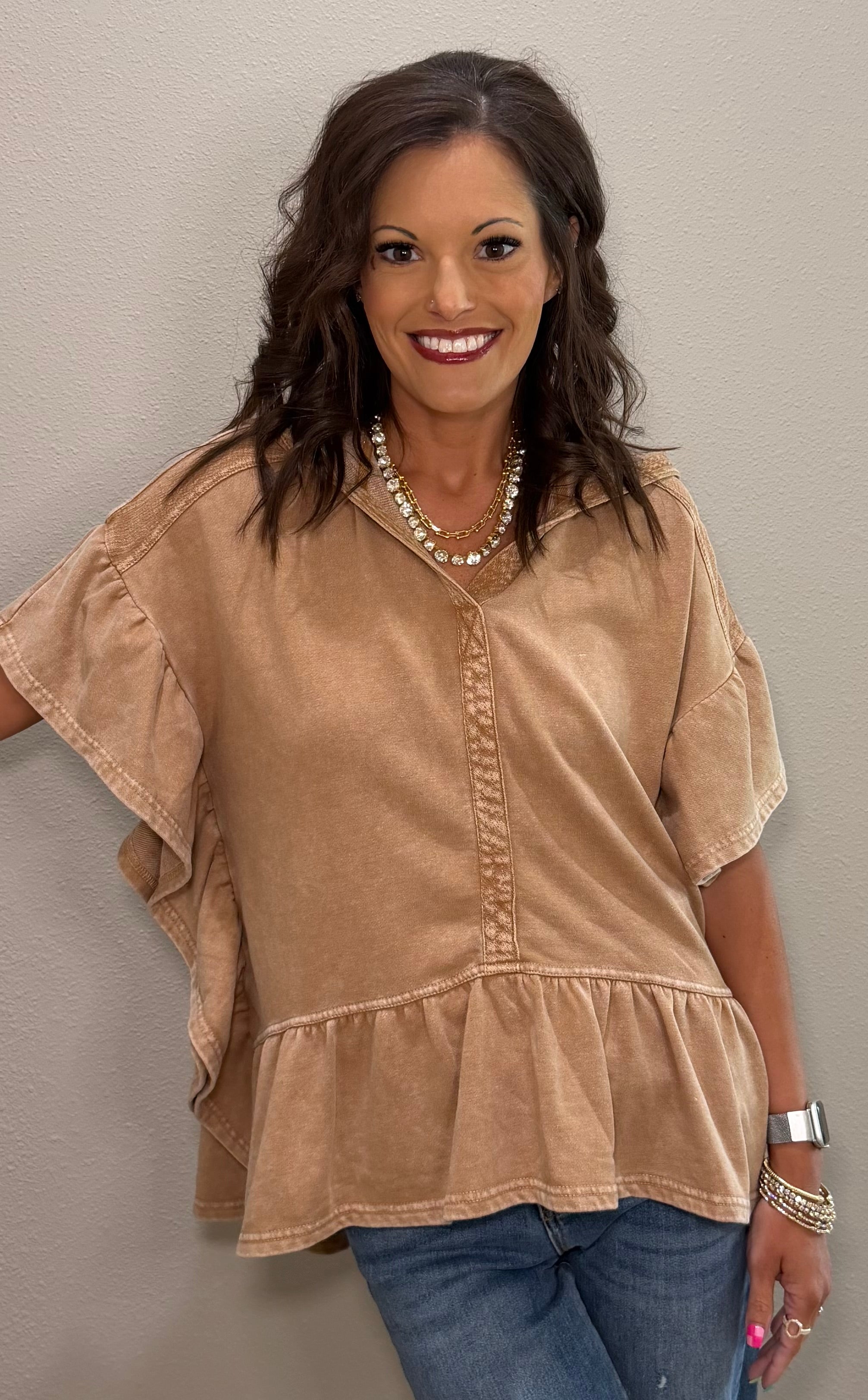 Light Mocha French Terry Ruffle Hem Hooded Pullover Top