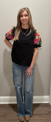 Black Textured Top w/ Colorful Embroidered Puff Sleeves