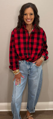 Red & Black Buffalo Check Ruffle Collar Shirt