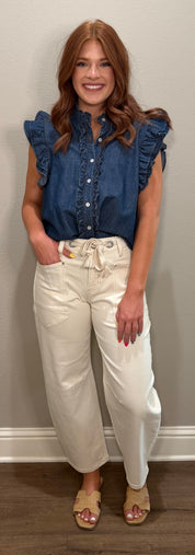 Risen Cream Slouchy Crop Barrel Leg Pant w/ Rope Tie