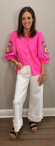Hot Pink Embroidered 3/4 Sleeve Button Down Top