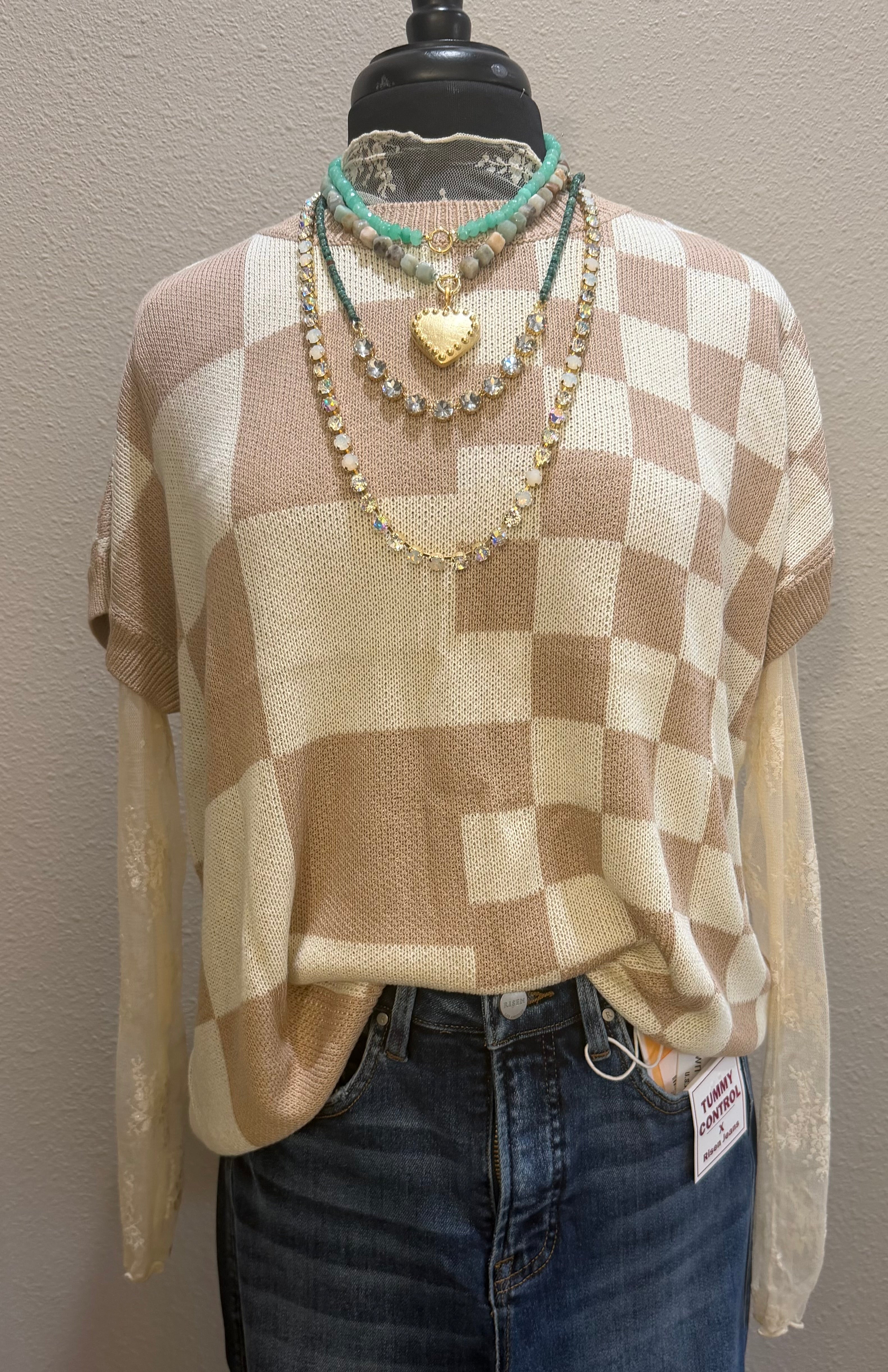 Taupe Mix Checkered Knit Top