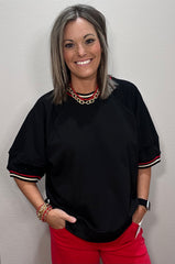 Black Cotton Top w/ Red & White Stripe Details