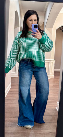 Kelly Green Striped Checker Balloon Sleeve Sweater