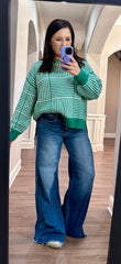 Kelly Green Striped Checker Balloon Sleeve Sweater