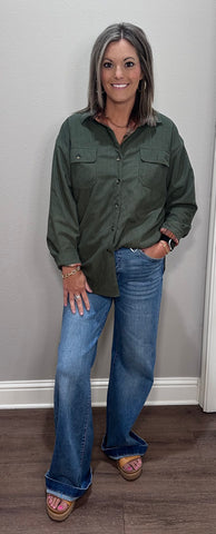 Reversible Corduroy and Plaid Button Down Shirt Jacket - Rust/Olive